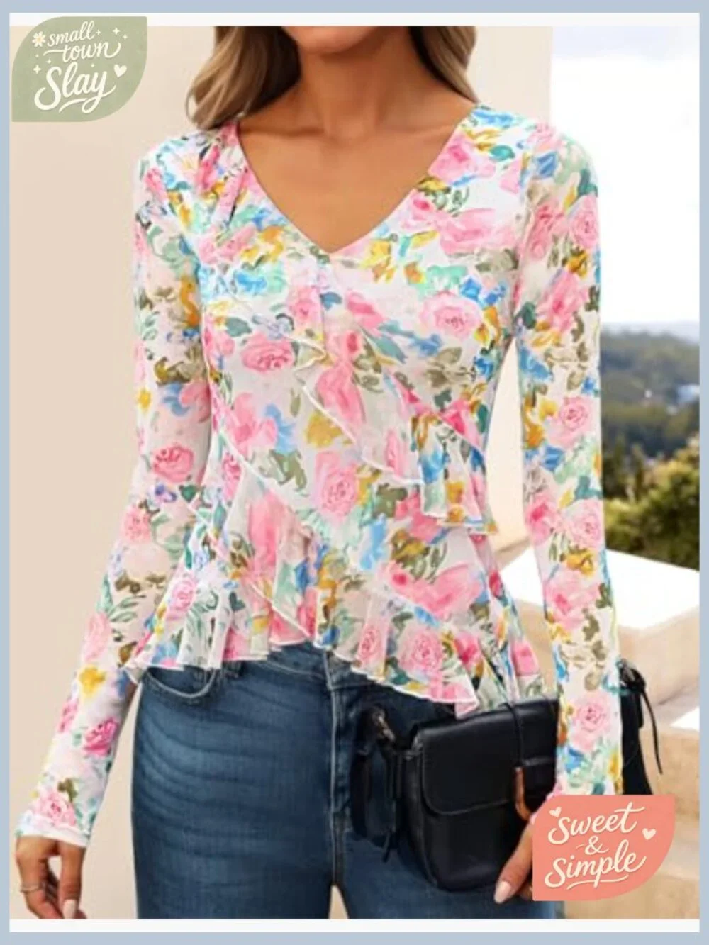 Long Sleeve Floral V-Neck Blouse with Ruffle Detail, Slim Fit - Picture 3 of 6